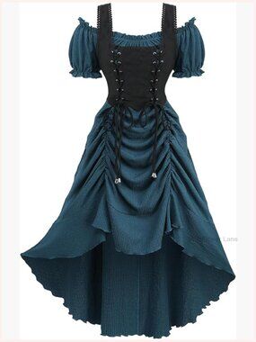 Plus Size Steampunk Renaissance Corset Dress Cold Shoulder High Low Midi